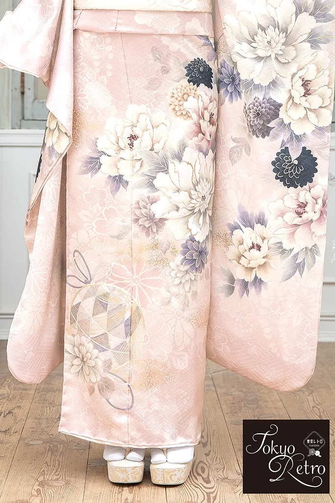 東京レトロ くすみピンク/淡い色 牡丹柄 くすみカラー古典 かわいい