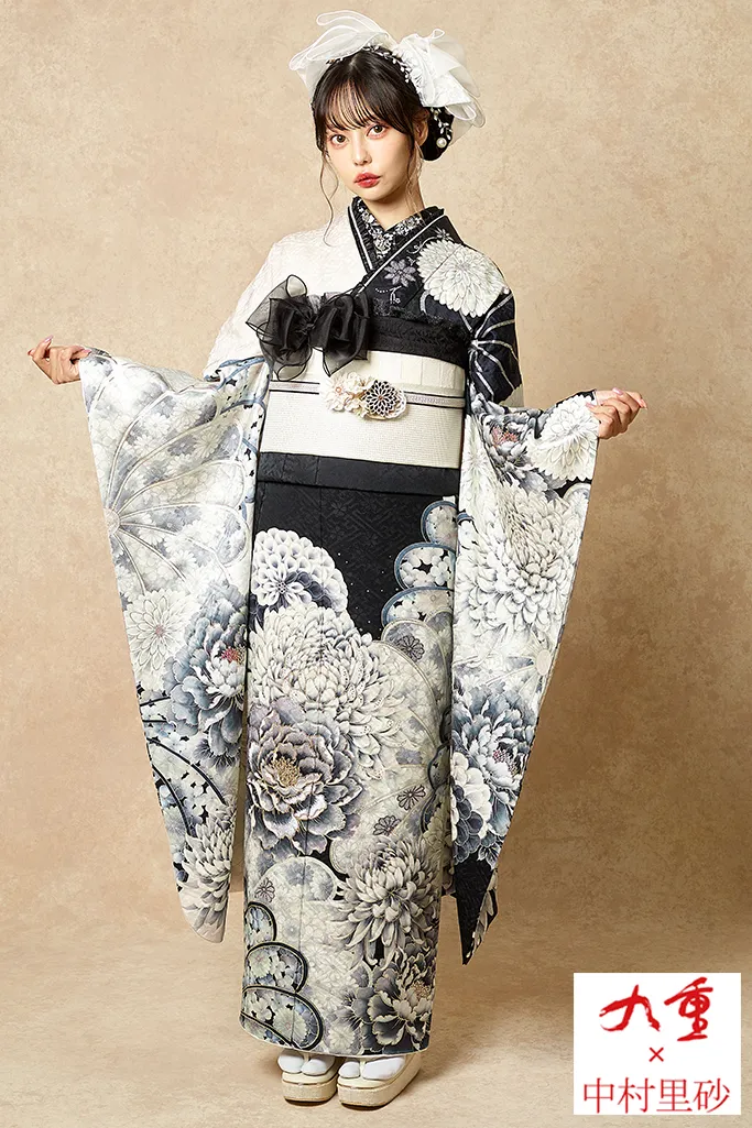 九重×中村里砂TAKAZENオリジナル配色 黒/白 菊柄/牡丹柄 キラキラ
