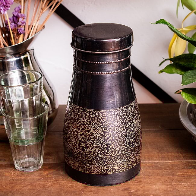 アーユルヴェーダ 高級銅製コップ付き水差し ダマスク柄が美しい