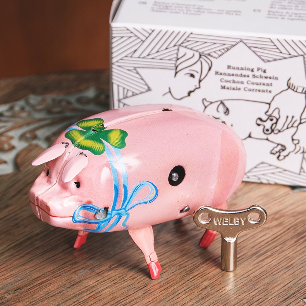 ゼンマイ式で歩く！おしゃれブタさん インドのレトロなブリキの