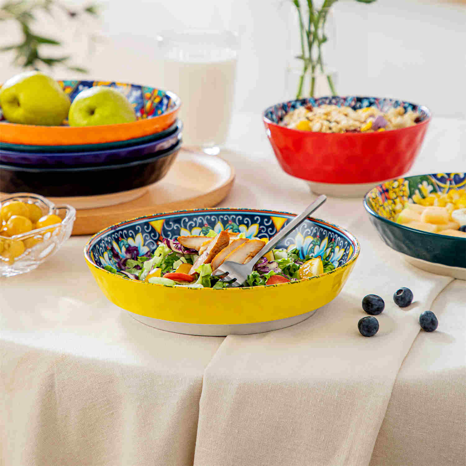 Boho Porcelain Pasta Bowls Set of 6 | 32 oz Simi Tableware