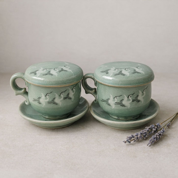 韓国青磁コーヒーカップ兼茶器鶴2客8ピース 茶器・コーヒーカップ 夢