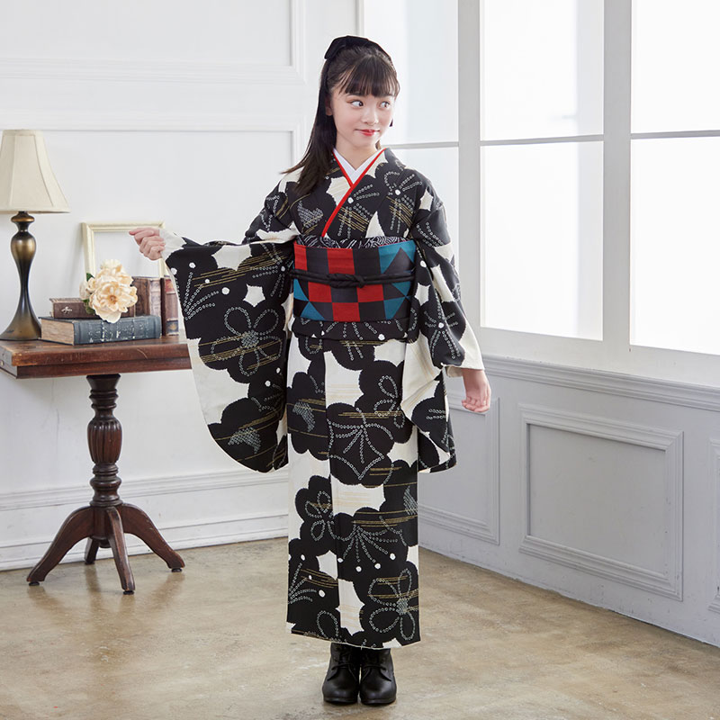 小・中学生振袖：A304 白地にカスミ鹿の子墨梅(G912)│ 振袖レンタル