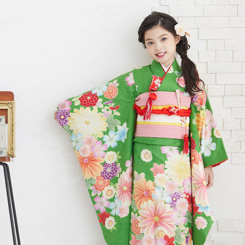 七五三七歳四つ身：N034 紅一点 緑 菊に桜楓 | 七五三着物レンタル