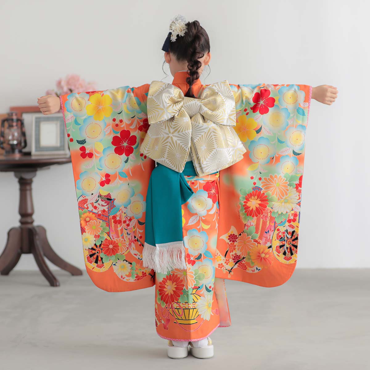 七五三七歳四つ身：N045 乙葉 橙色 御所車に桜菊 | 七五三着物レンタル