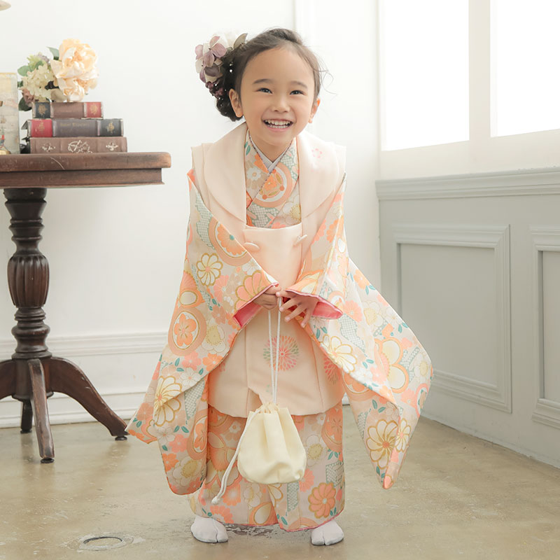 アンティーククリーム色の着物と帯のセット☆2歳から3歳