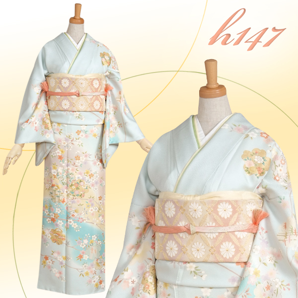 訪問着：H147 水色 吉祥桜| 訪問着レンタル │ 京都着物レンタル夢館