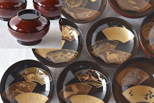 デッドストック！上質朱漆に優美な扇面蒔絵の映える煮物椀2点（検