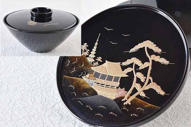 天然木製漆塗 輪島塗 松に屋敷風景画 高蒔絵 黒大吸物碗 - 生活骨董と