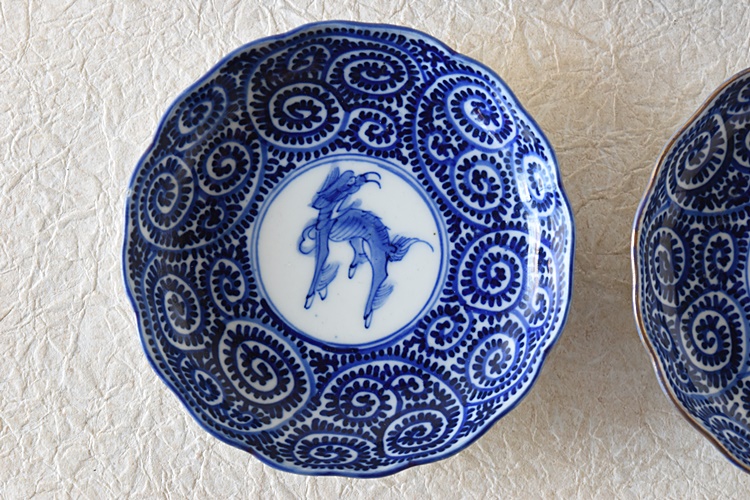 伊万里 染付 蛸唐草麒麟 輪花型小皿 6枚セット ベロ藍 - 生活骨董と