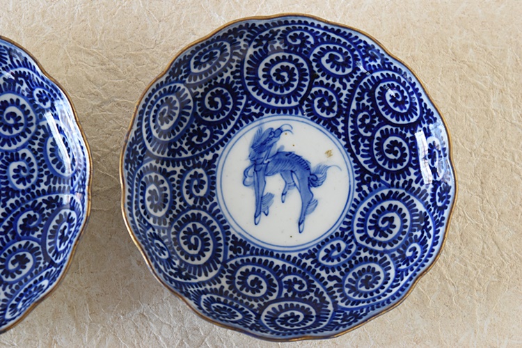 伊万里 染付 蛸唐草麒麟 輪花型小皿 6枚セット ベロ藍 - 生活骨董と
