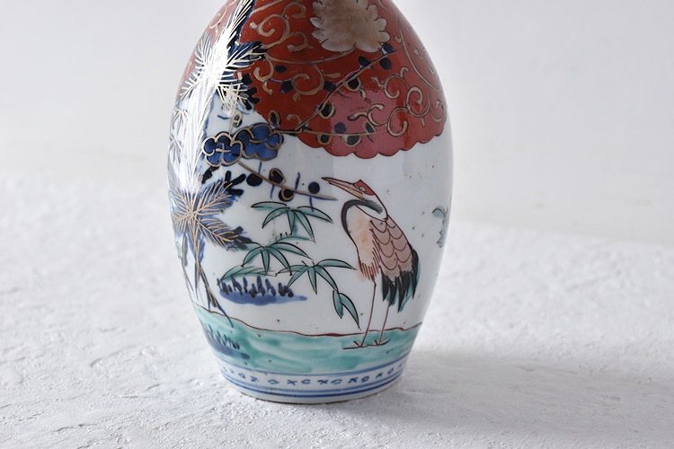古伊万里 色絵 鶴 松竹 花唐草 鶴首徳利 お神酒徳利 - 生活骨董と古布