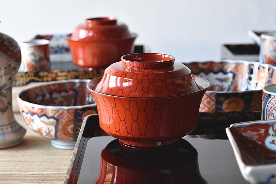 輪島塗 塗師陽斎 赤漆塗 網手煮物椀 5客セット - 生活骨董と古布の