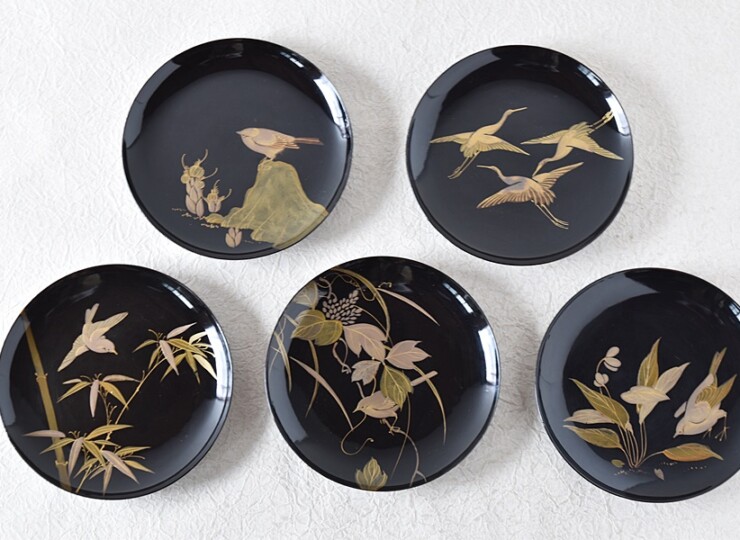 天然木製漆塗 時代蒔絵 花鳥 図変わり 菓子皿 5枚セット No.3 - 生活