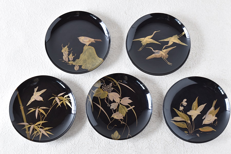 天然木製漆塗 時代蒔絵 花鳥 図変わり 菓子皿 5枚セット No.3 - 生活