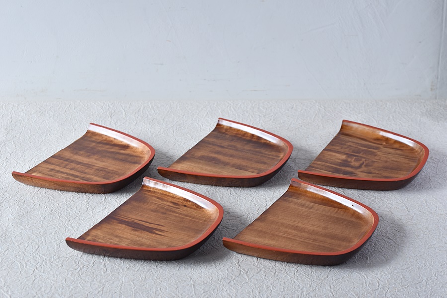 天然木製漆塗 塵取形 菓子皿 5枚セット ちりとり形 - 生活骨董と古布の