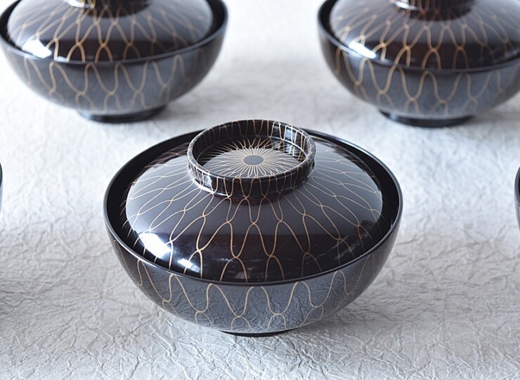 時代漆器 天然木製漆塗 黒塗金蒔絵 網手煮物椀 5客セット - 生活骨董