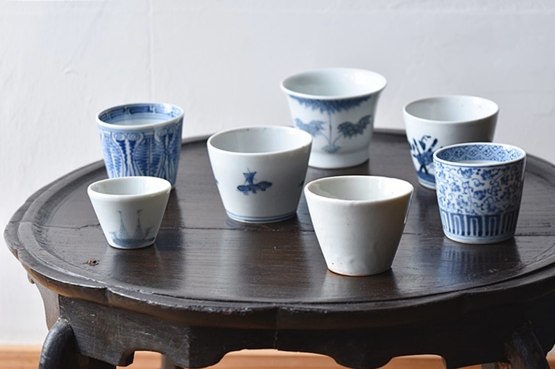 伊万里 岩場の柳模様 染付 猪口 7個 [B31361] 伊万里 岩場の柳模様 染