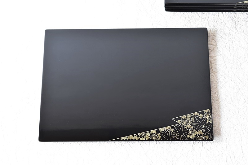 輪島塗 黒塗 沈金蒔絵 点心盆 折敷 5客セット - 生活骨董と古布の