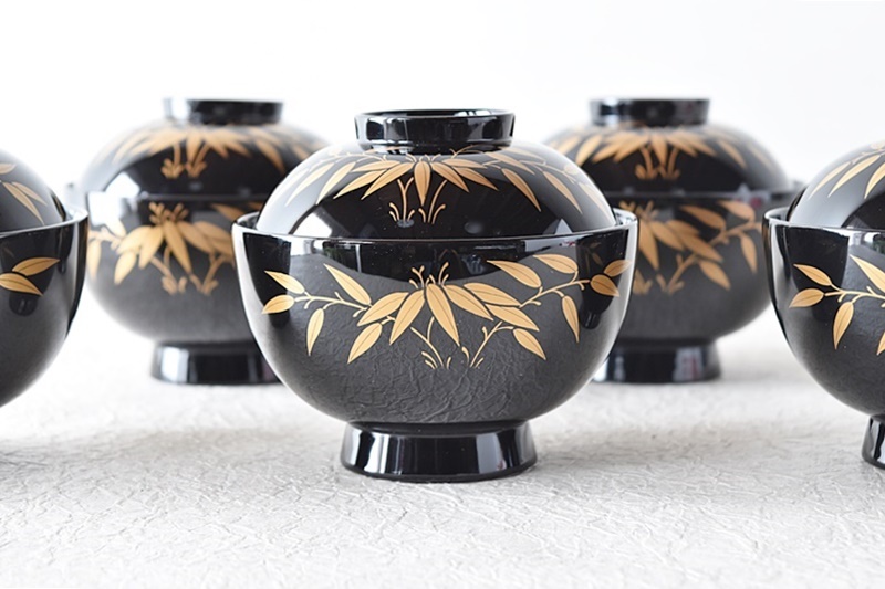 天然木製漆塗 在銘 輪島塗 竹金蒔絵 吸物椀5客セット - 生活骨董と