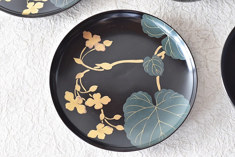 時代漆器 天然木製漆塗 金魚盛り上げ蒔絵 盃洗 皿付き 2客セット