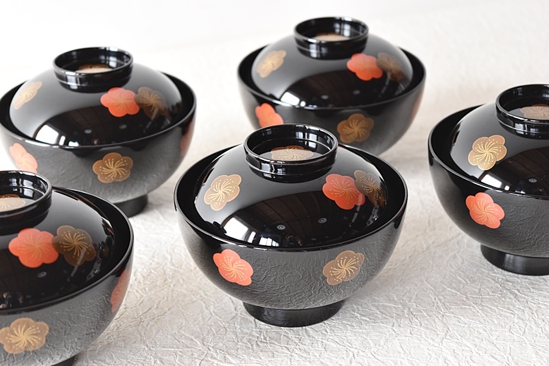 天然木製漆塗 輪島塗 梅蒔絵 吸物椀 5客セット 蒔絵師信斎 塗師静峰