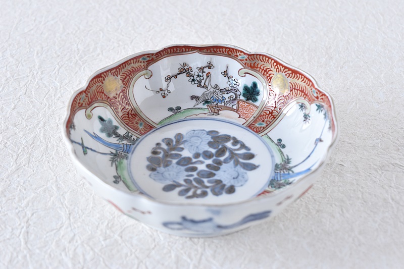 伊万里 通り物 色絵 赤絵 金彩唐草 鶴鳥松竹梅 輪花型 なます皿 - 生活