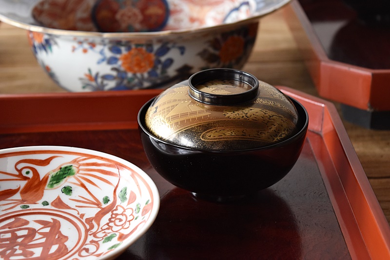 天然木製漆塗 輪島塗 黒塗り金蒔絵 図変わり見返し図 吸物椀 煮物椀 5