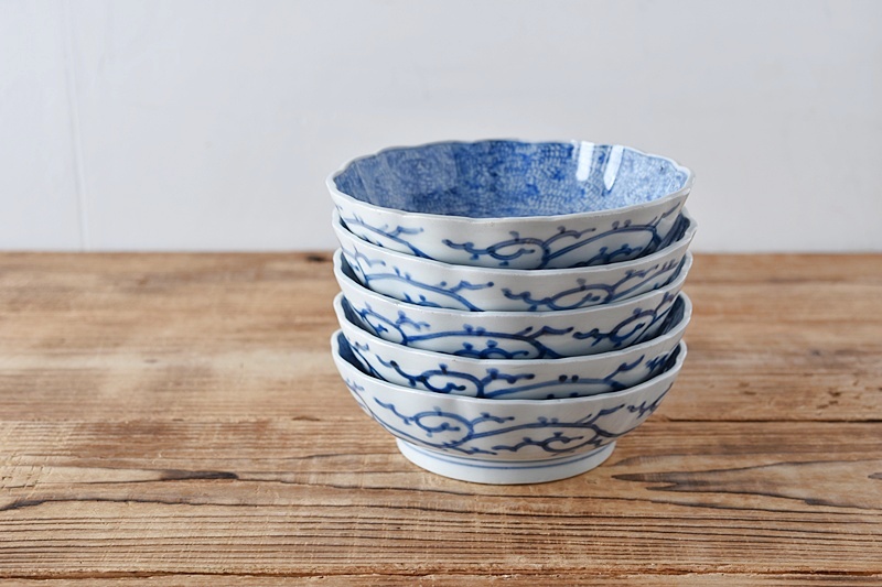 古伊万里 染付 総微塵唐草模様 成化年製文 輪花型 膾皿 5客セット