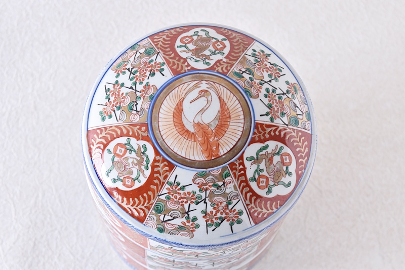 伊万里 色絵赤絵 鶴唐獅子垣根に菊花 四段段重 - 生活骨董と古布の