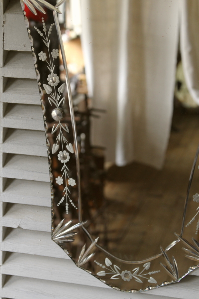 アンティークミラー フランス ベネチアンミラー エングレーヴィング 花