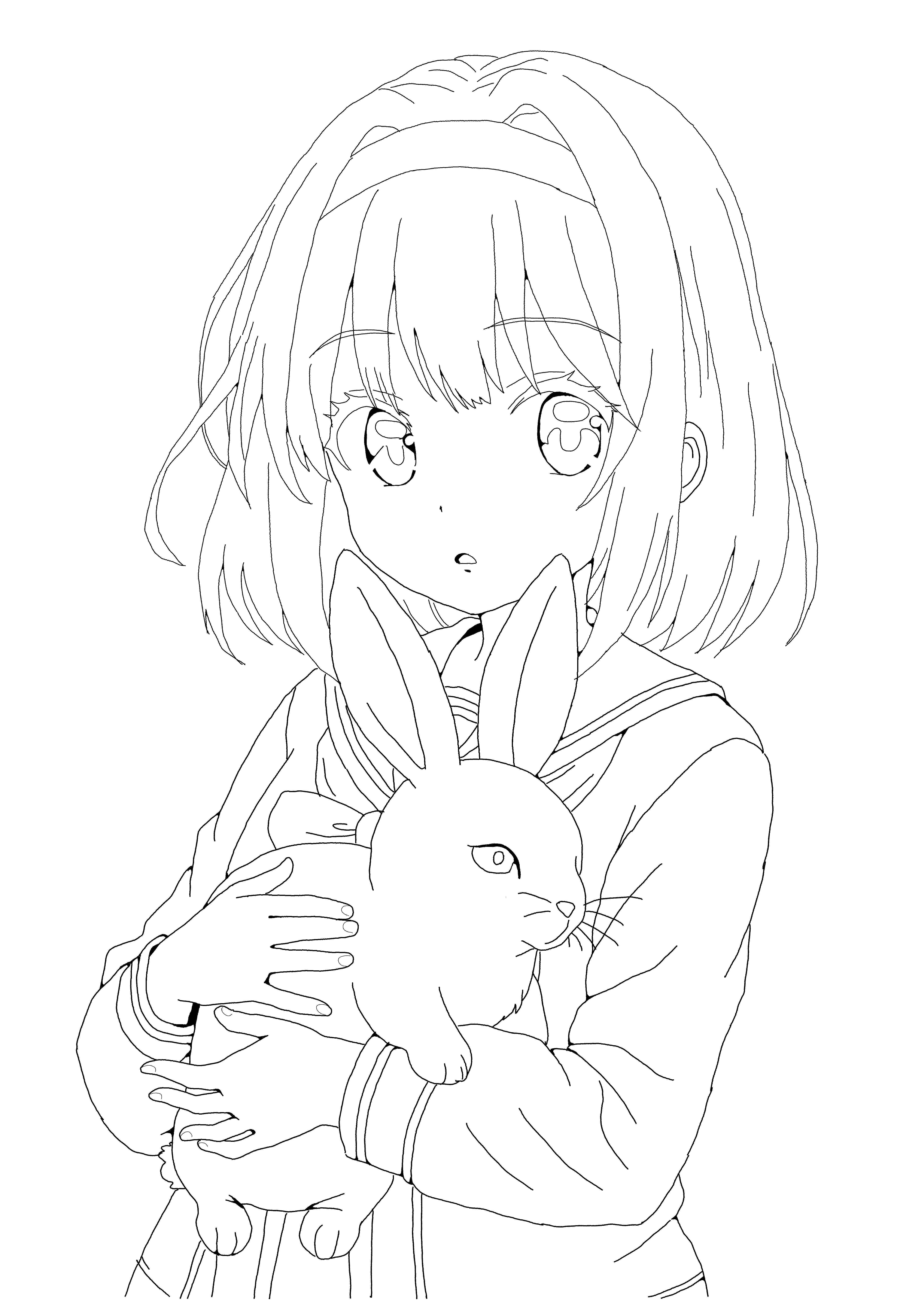 ♯9 ウサギを抱いた女の子の絵｜にゃおりん｜線画イラスト練習中