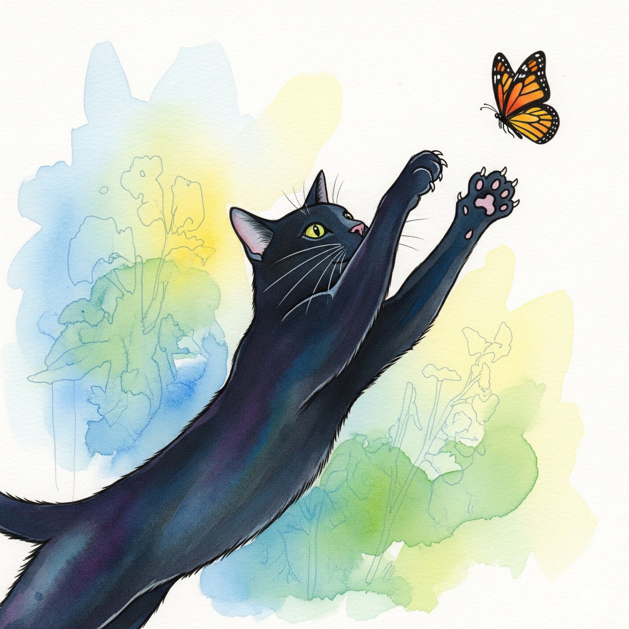 猫が蝶を追いかけるイラストをGeminiに作ってもらいました｜きみどり