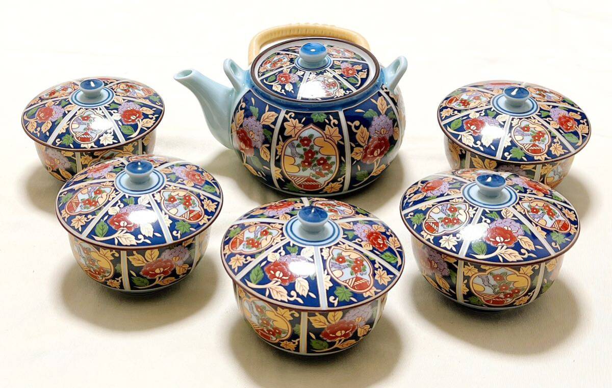 有田焼 清秀作 金襴手古伊万里 錦間取花柄 急須＆蓋付き湯呑5客 茶器