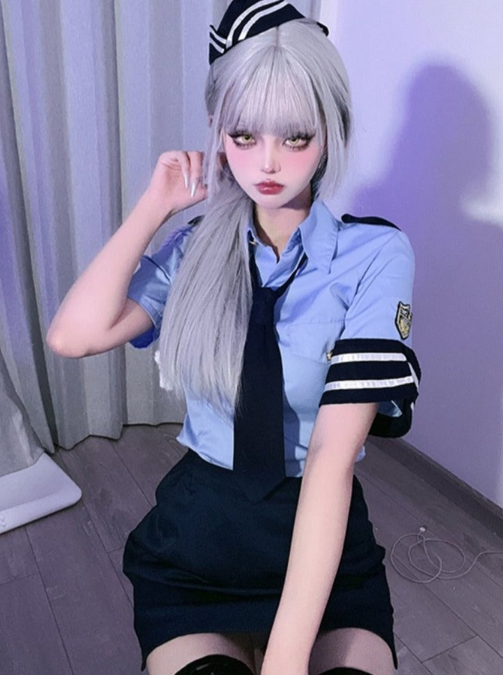 POLICE婦人警官コスプレトップス＋スカート＋ネクタイ＋帽子セット