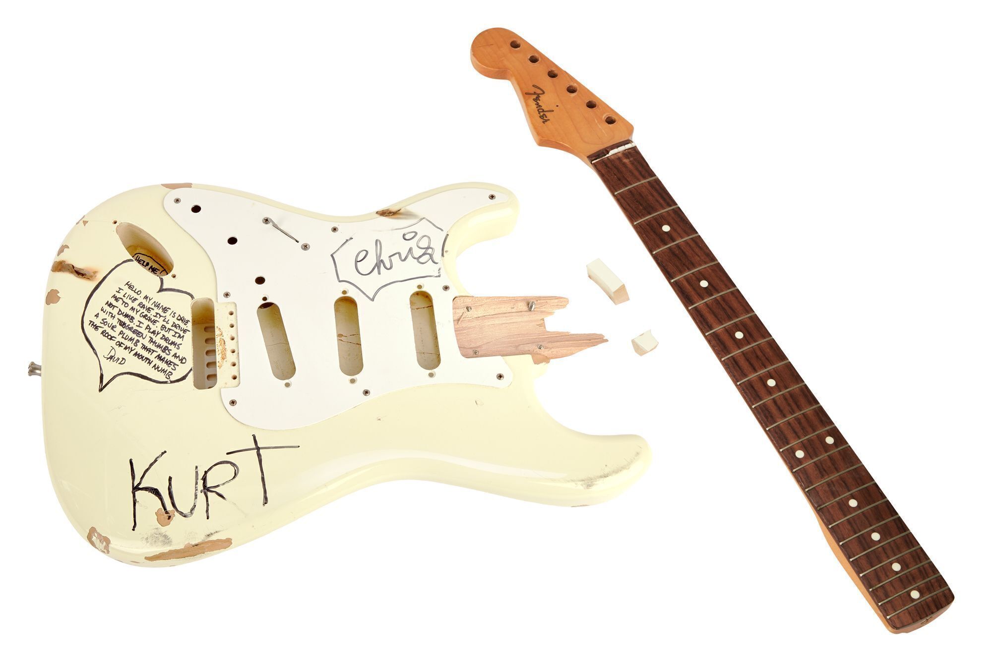 NIRVANA | KURT COBAIN STAGE-PLAYED AND SMASHED BAND-SIGNED FENDER