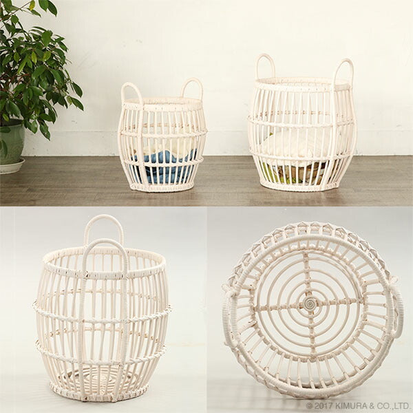 ラタン バスケット 大小2個組 ホワイトウォッシュ 白 バスケット 収納