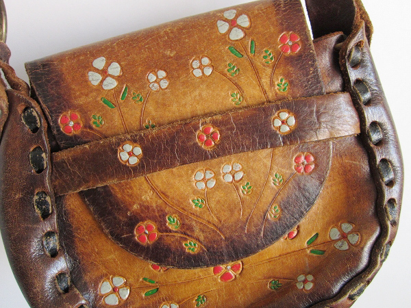 70's/花柄/ヒッピー/バッグ/茶系/エンボス/ボタニカル/レザーバッグ