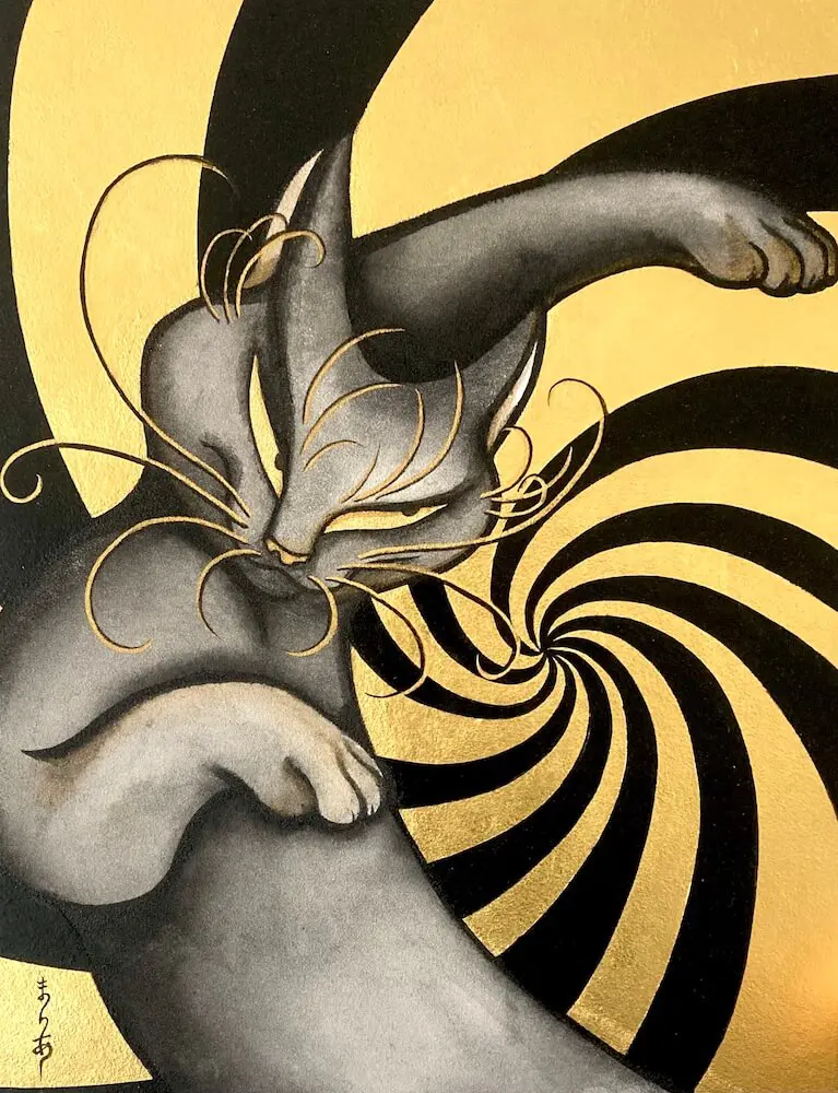 純金の絵の具を使って描いたクロネコが迫力満点！日本画家・溝口まりあ