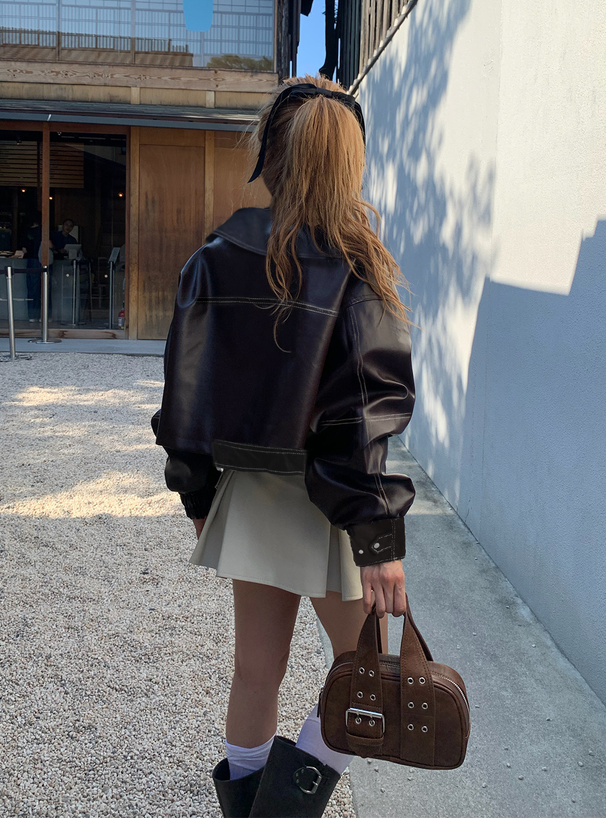 襟2Way配色ステッチダブルジップレザーブルゾン[on258] | レディース