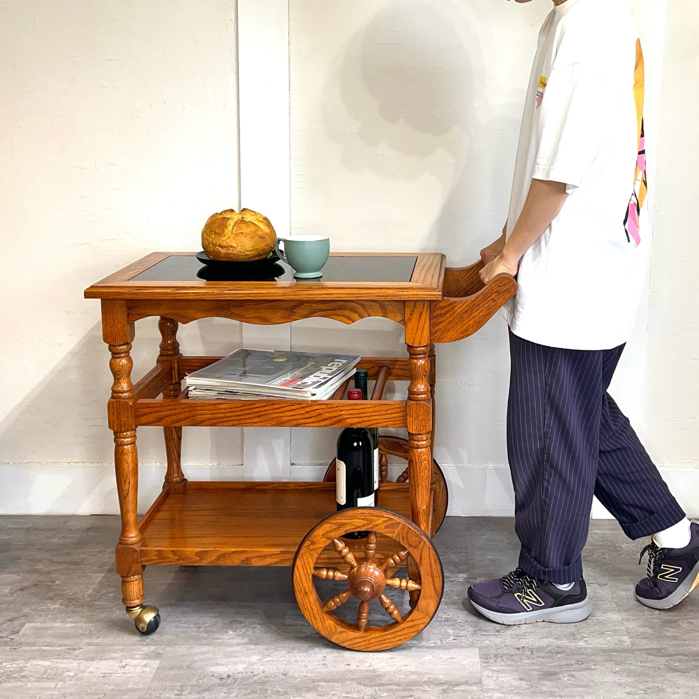 オーク材 トローリーワゴン キッチンワゴン キャスター付き かわいい