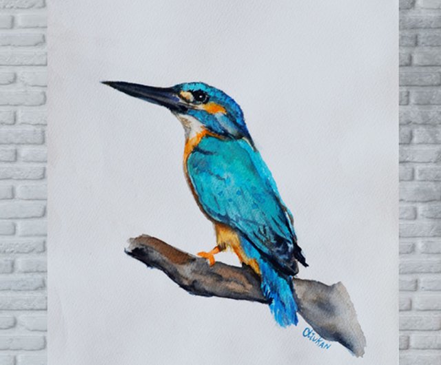 送料無料】ロシア カワセミの絵画鳥オリジナル水彩画鳥の壁アート