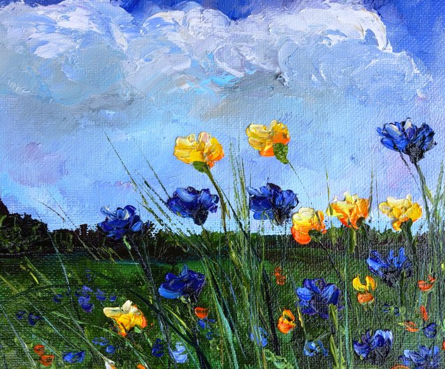 ロシア 野の花の油絵 草原の油絵 オリジナルアート 油絵原作 風景画