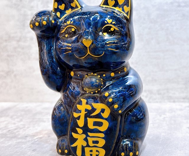 送料無料】香港 清水焼招き猫 | 緑墨 - 金色に輝くハートの招き猫