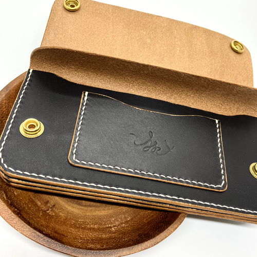 トラッカーウォレット/ロング】国産ヌメ革 茶芯 ブラック 黒 手縫い 長