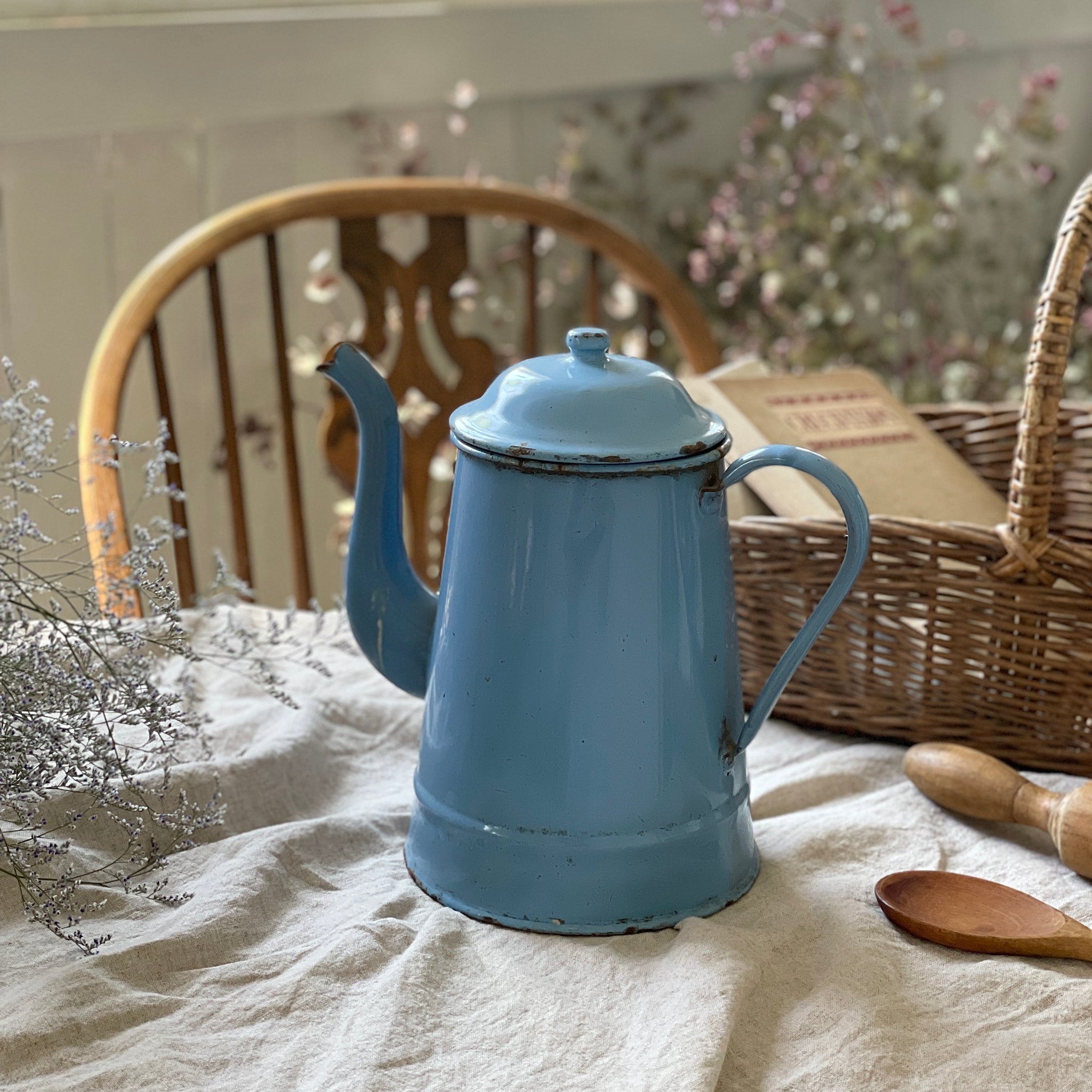 ブルーのエナメルポット（ホーロー）高さ26cm フランスアンティーク