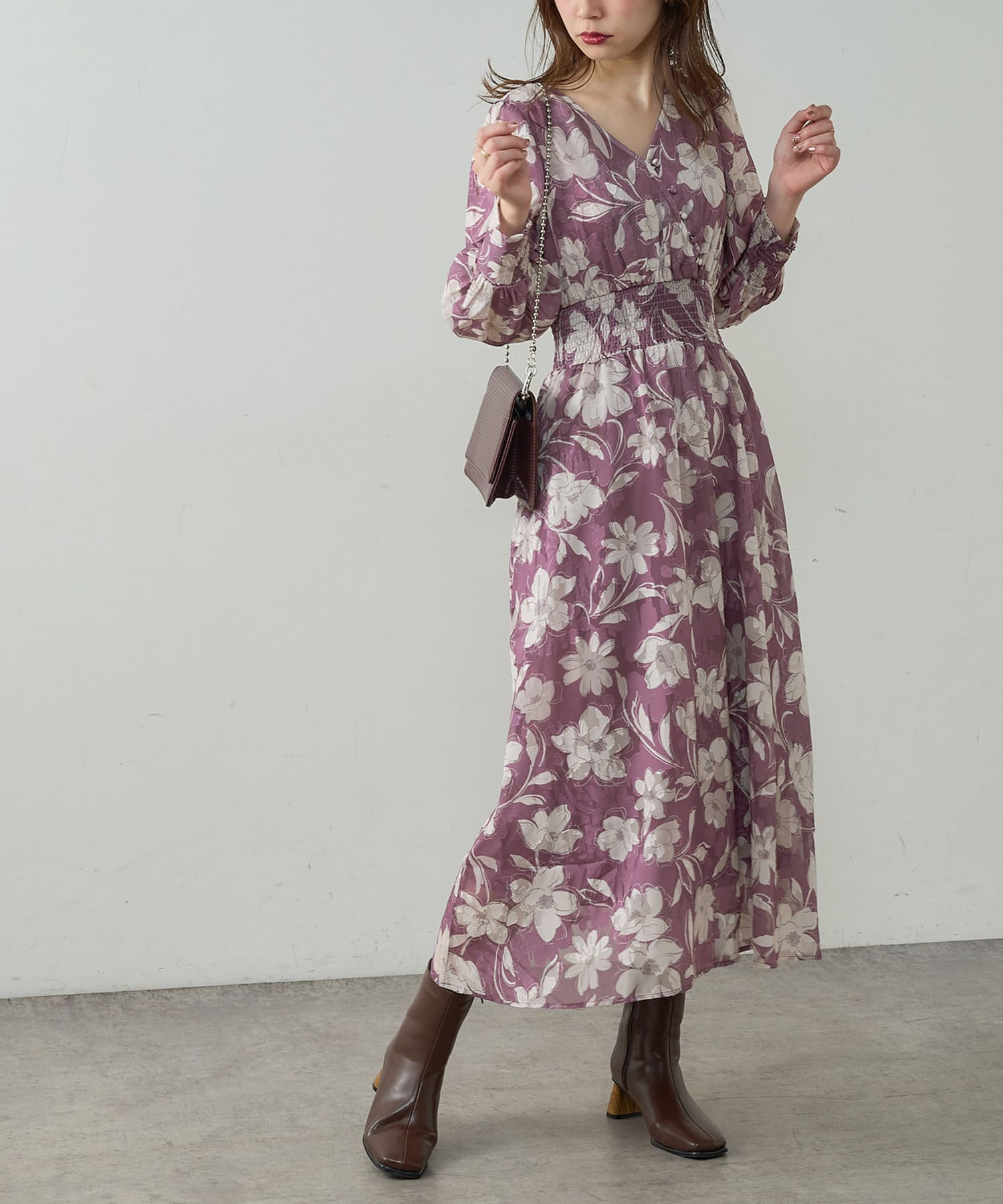 オリエンタル花柄ジャガードワンピース | natural couture(ナチュラル