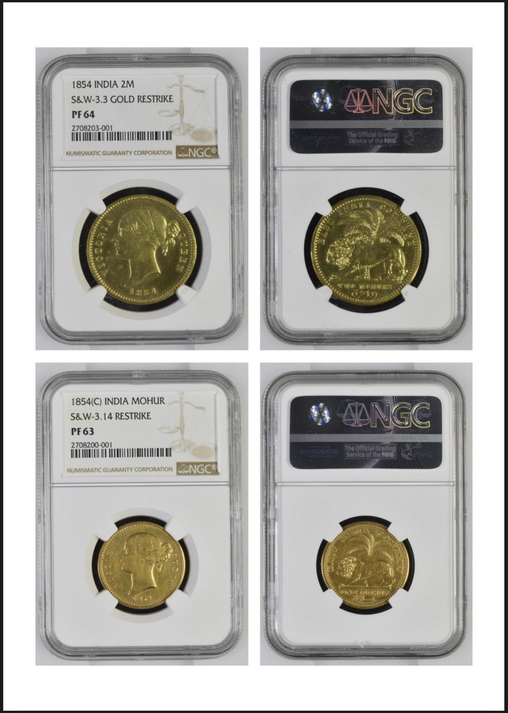 1854年 英領インド 東インド会社 リストライク試鋳金貨 4点セット(NGC
