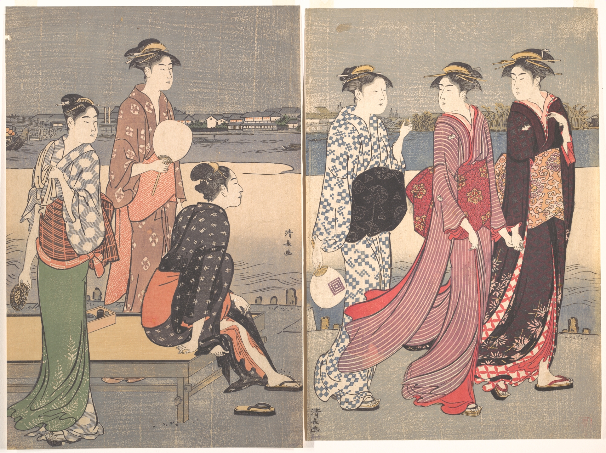 鳥居清長による浮世絵「Enjoying the Evening Cool on the Banks of