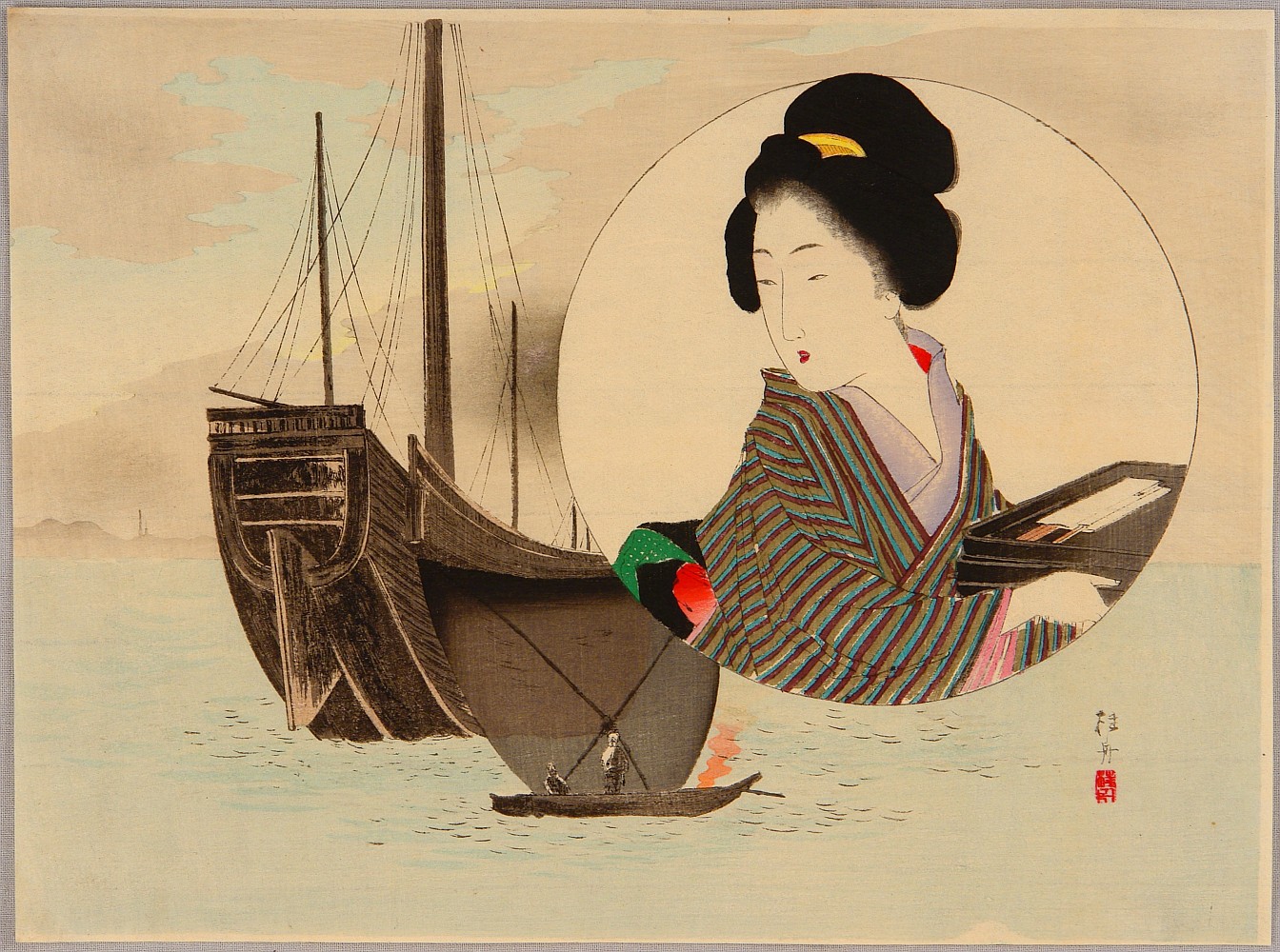 武内桂舟による浮世絵「Waitress and Ship」
